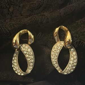 Vintage Gold Tone Rhinestone Dangle Clip On Earrings